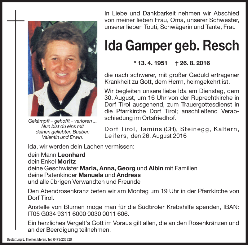  Traueranzeige für Ida Gamper vom 29.08.2016 aus Dolomiten