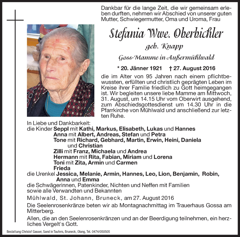  Traueranzeige für Stefania Oberbichler vom 29.08.2016 aus Dolomiten