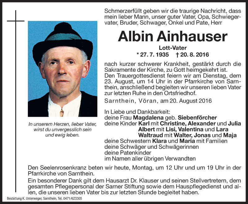  Traueranzeige für Albin Ainhauser vom 22.08.2016 aus Dolomiten