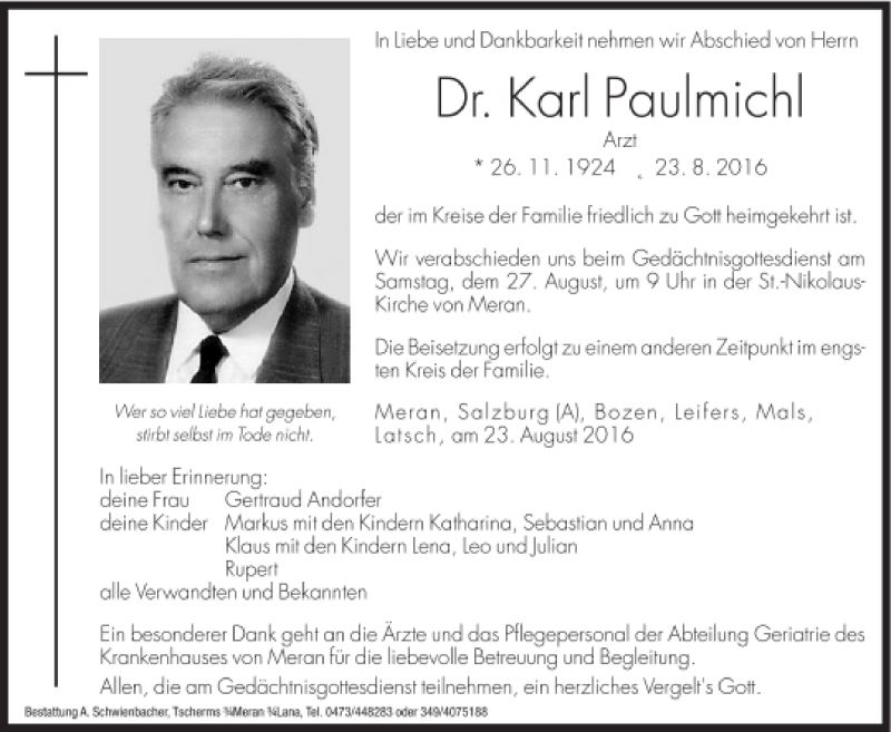  Traueranzeige für Karl Paulmichl vom 25.08.2016 aus Dolomiten
