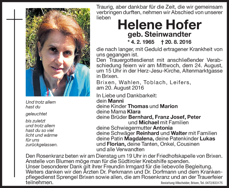  Traueranzeige für Helene Hofer vom 22.08.2016 aus Dolomiten