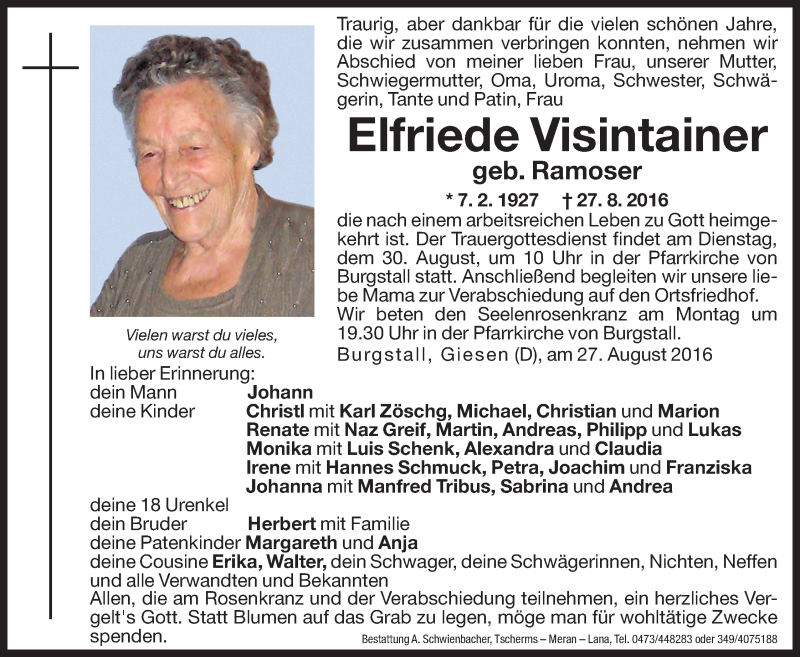 Traueranzeige für Elfriede Visintainer vom 29.08.2016 aus Dolomiten