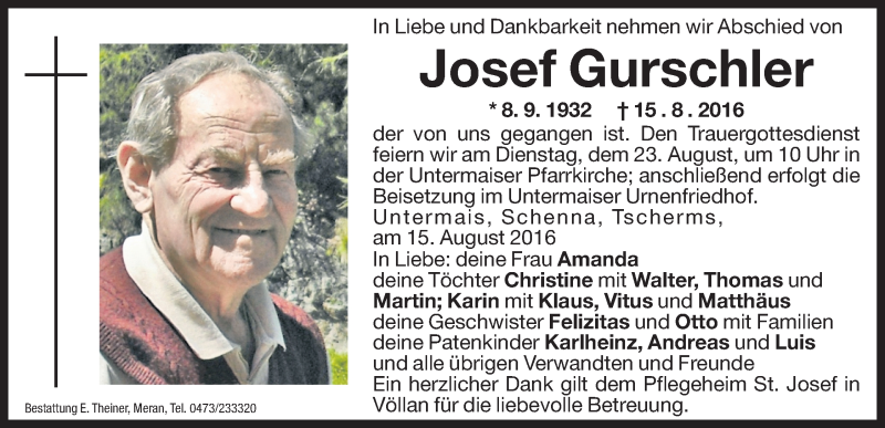  Traueranzeige für Josef Gurschler vom 19.08.2016 aus Dolomiten