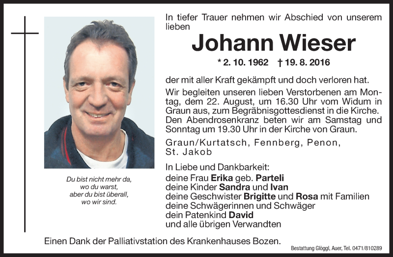  Traueranzeige für Johann Wieser vom 20.08.2016 aus Dolomiten