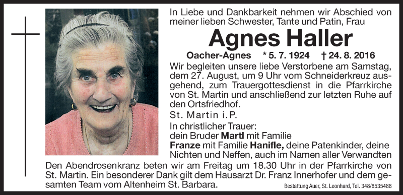  Traueranzeige für Agnes Haller vom 26.08.2016 aus Dolomiten