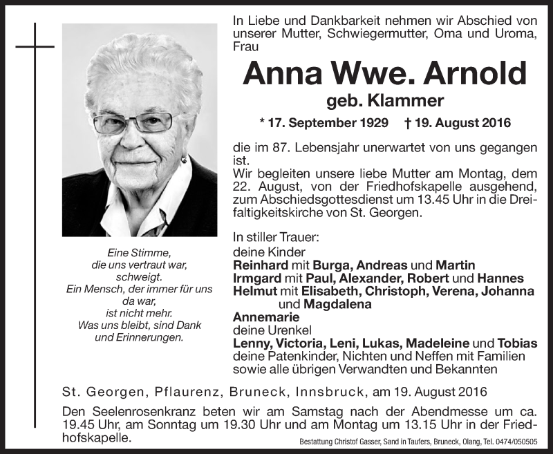  Traueranzeige für Anna Arnold vom 20.08.2016 aus Dolomiten