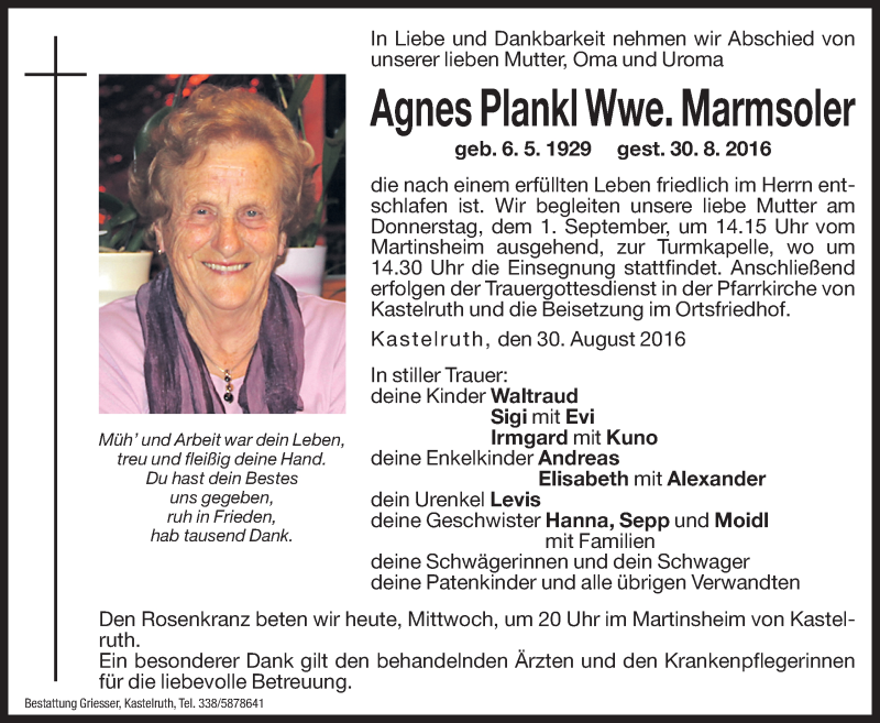  Traueranzeige für Agnes Marmsoler vom 31.08.2016 aus Dolomiten