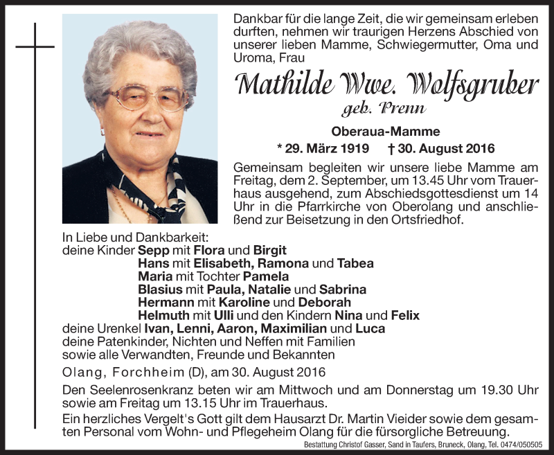  Traueranzeige für Mathilde Wolfsgruber vom 31.08.2016 aus Dolomiten