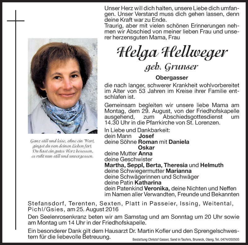  Traueranzeige für Helga Hellweger vom 27.08.2016 aus Dolomiten