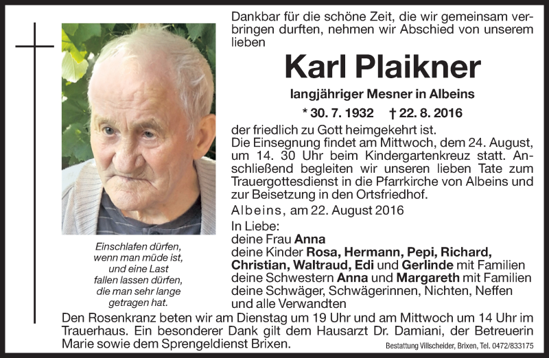  Traueranzeige für Karl Plaikner vom 23.08.2016 aus Dolomiten