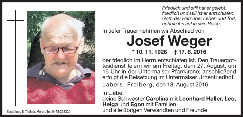  Traueranzeige für Josef Weger vom 24.08.2016 aus Dolomiten