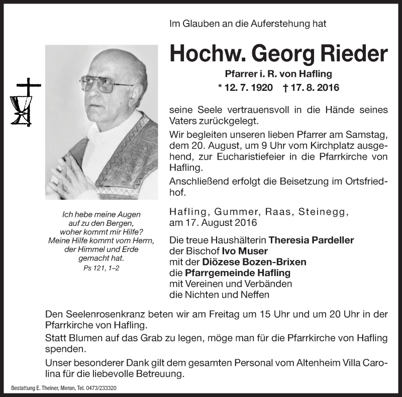  Traueranzeige für Georg Rieder vom 19.08.2016 aus Dolomiten