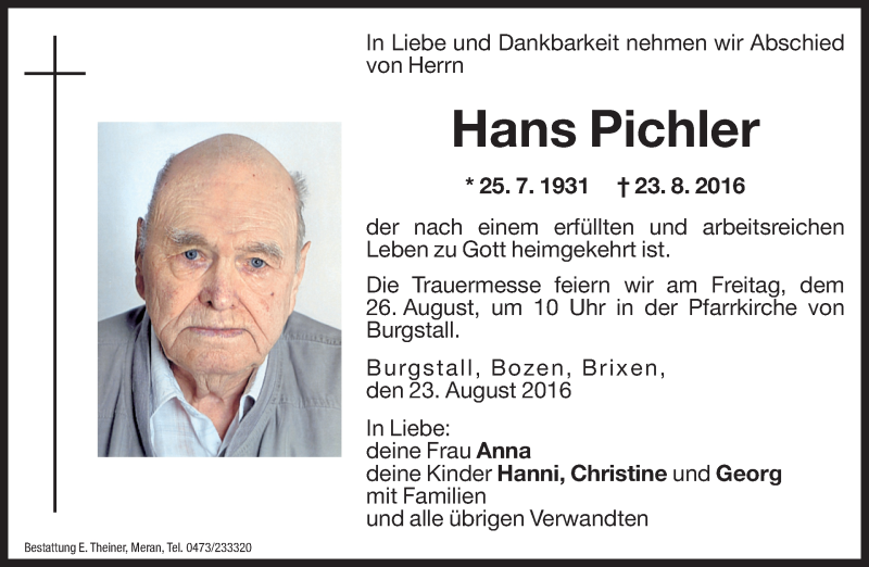  Traueranzeige für Hans Pichler vom 24.08.2016 aus Dolomiten