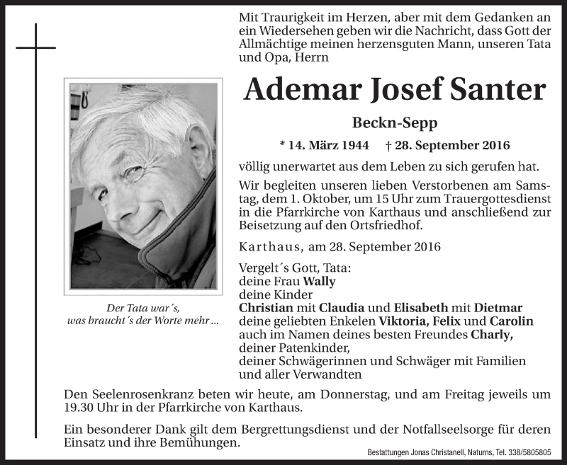  Traueranzeige für Ademar Josef Santer vom 29.09.2016 aus Dolomiten