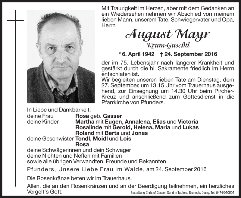  Traueranzeige für August Mayr vom 26.09.2016 aus Dolomiten