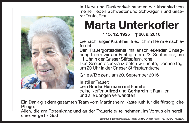  Traueranzeige für Marta Unterkofler vom 22.09.2016 aus Dolomiten