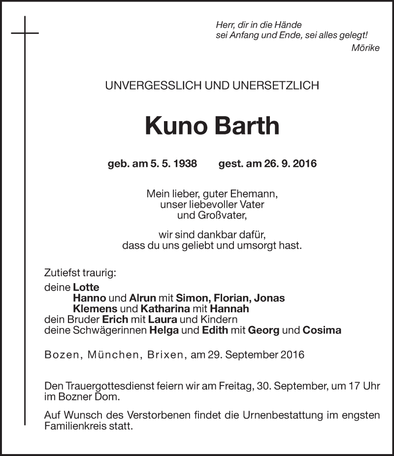 Traueranzeige für Kuno Barth vom 29.09.2016 aus Dolomiten