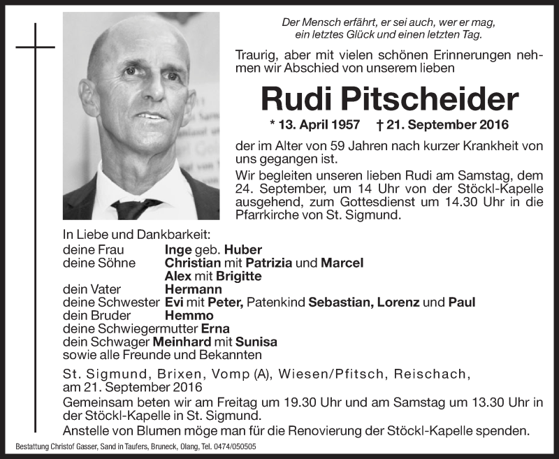  Traueranzeige für Rudi Pitscheider vom 23.09.2016 aus Dolomiten