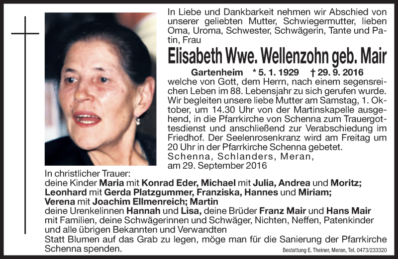  Traueranzeige für Elisabeth Wellenzohn vom 30.09.2016 aus Dolomiten