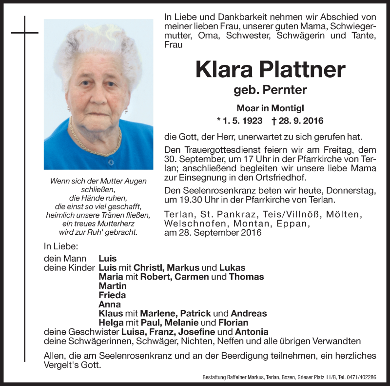  Traueranzeige für Klara Plattner vom 29.09.2016 aus Dolomiten