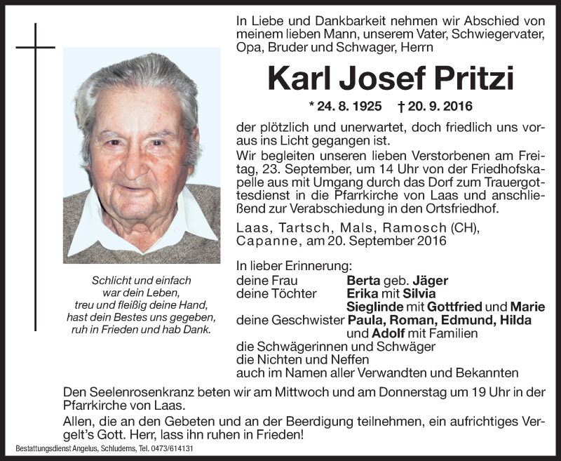  Traueranzeige für Karl Josef Pritzi vom 21.09.2016 aus Dolomiten