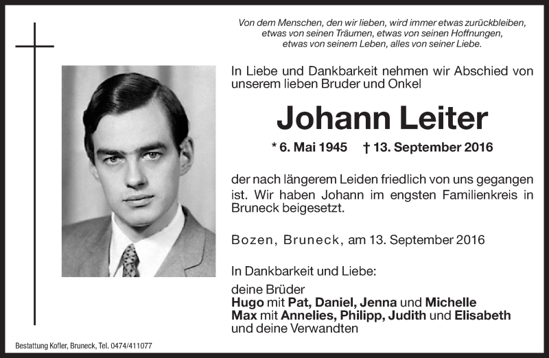  Traueranzeige für Johann Leiter vom 27.09.2016 aus Dolomiten