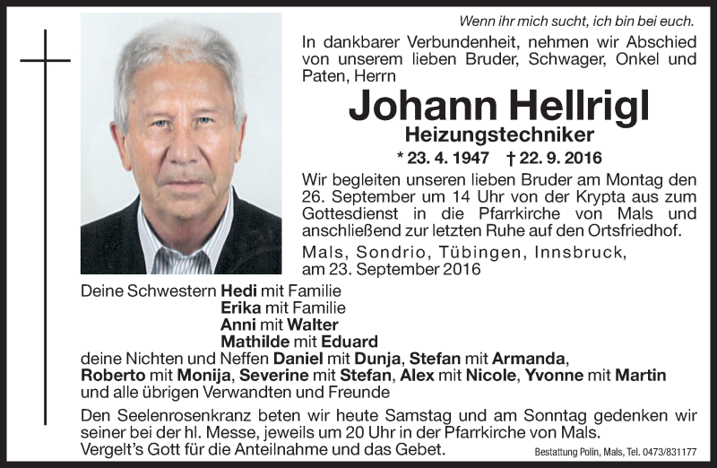  Traueranzeige für Johann Hellrigl vom 24.09.2016 aus Dolomiten