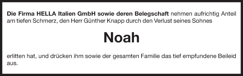  Traueranzeige für Noah Knapp vom 28.09.2016 aus Dolomiten