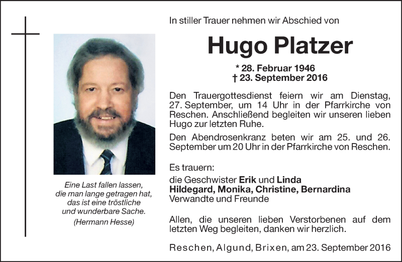  Traueranzeige für Hugo Platzer vom 24.09.2016 aus Dolomiten