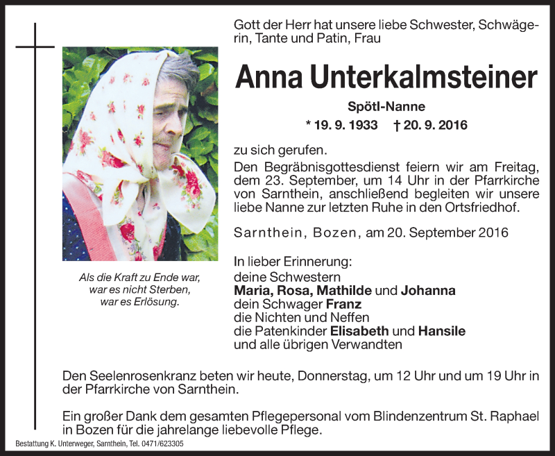  Traueranzeige für Anna Unterkalmsteiner vom 22.09.2016 aus Dolomiten