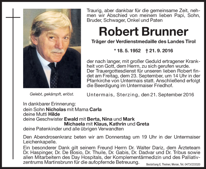  Traueranzeige für Robert Brunner vom 22.09.2016 aus Dolomiten