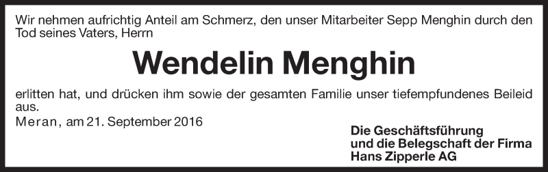 Traueranzeige für Wendelin Menghin vom 23.09.2016 aus Dolomiten