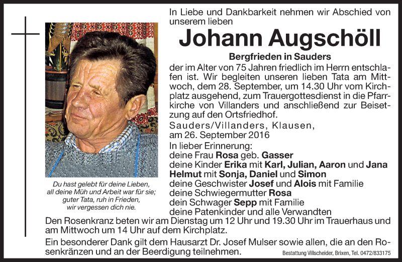  Traueranzeige für Johann Augschöll vom 27.09.2016 aus Dolomiten