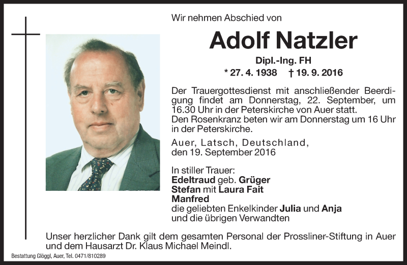  Traueranzeige für Adolf Natzler vom 21.09.2016 aus Dolomiten
