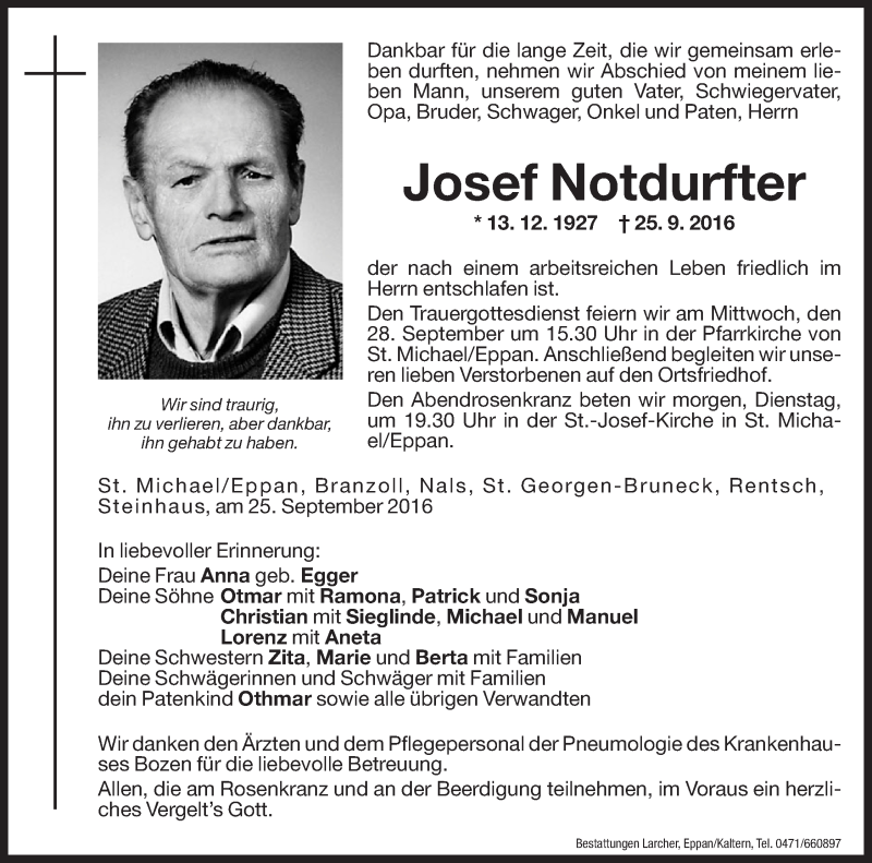  Traueranzeige für Josef Notdurfter vom 26.09.2016 aus Dolomiten