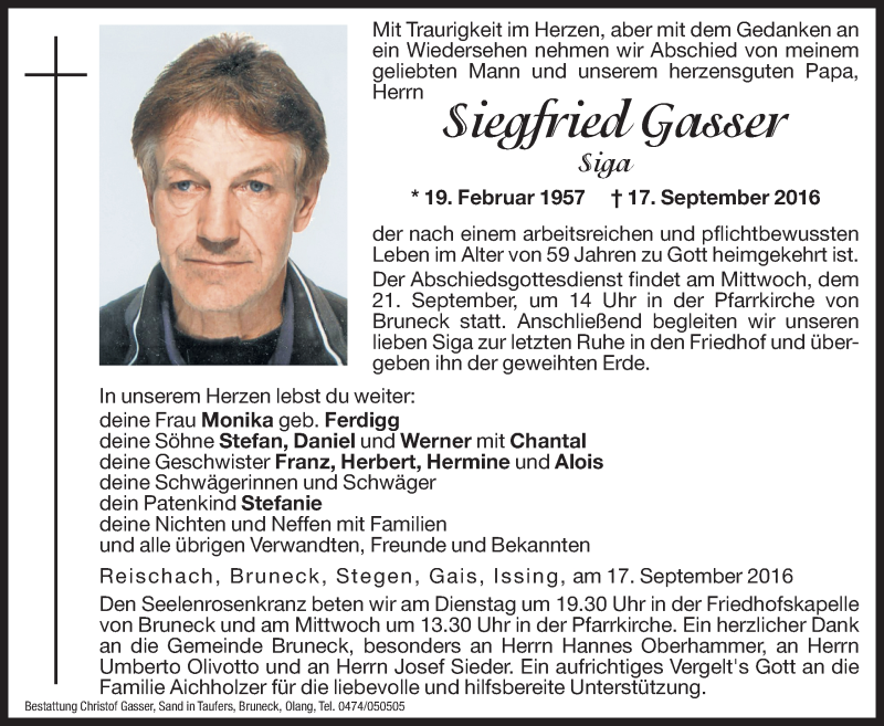  Traueranzeige für Siegfried Gasser vom 20.09.2016 aus Dolomiten