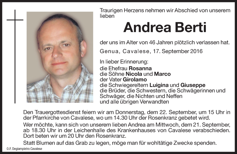  Traueranzeige für Andrea Berti vom 21.09.2016 aus Dolomiten