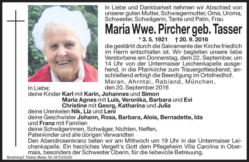  Traueranzeige für Maria Pircher vom 21.09.2016 aus Dolomiten
