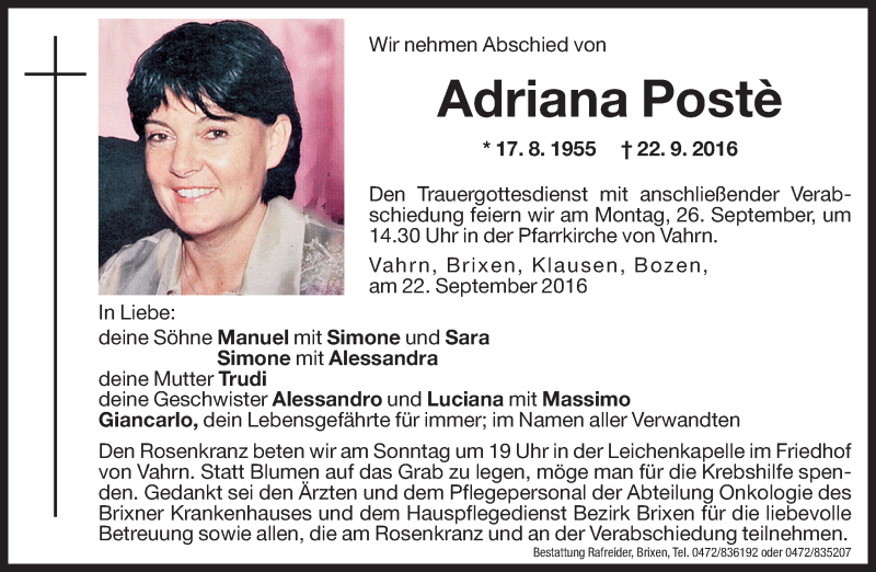  Traueranzeige für Adriana Postè vom 24.09.2016 aus Dolomiten