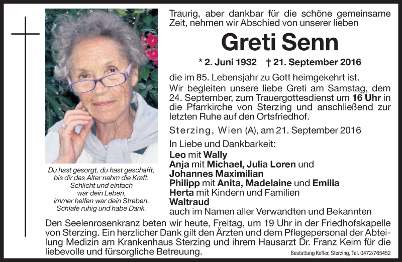  Traueranzeige für Greti Senn vom 23.09.2016 aus Dolomiten