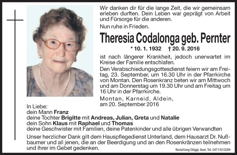  Traueranzeige für Theresia Codalonga vom 21.09.2016 aus Dolomiten