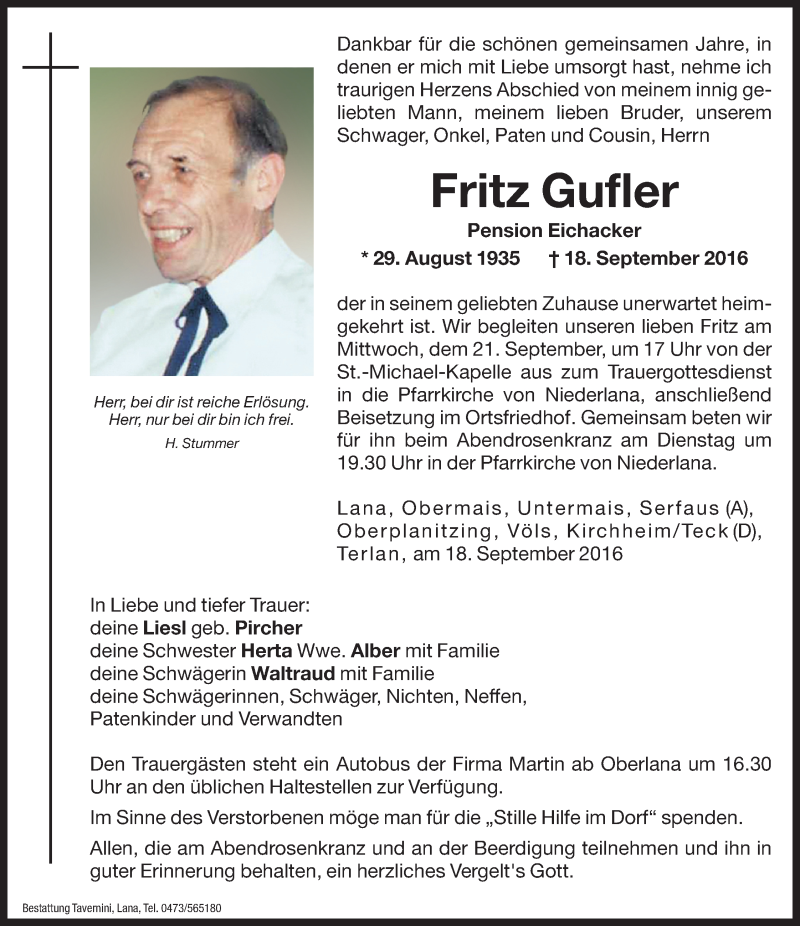  Traueranzeige für Fritz Gufler vom 20.09.2016 aus Dolomiten