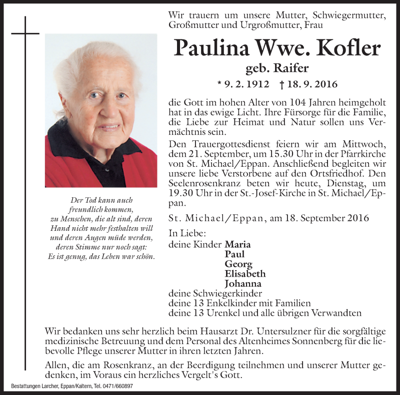  Traueranzeige für Paulina Kofler vom 20.09.2016 aus Dolomiten