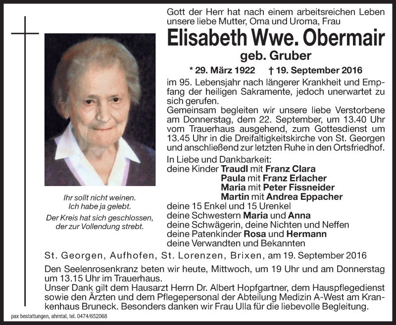  Traueranzeige für Elisabeth Obermair vom 21.09.2016 aus Dolomiten