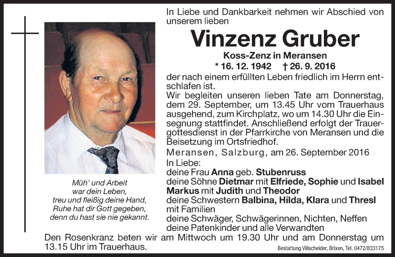  Traueranzeige für Vinzenz Gruber vom 28.09.2016 aus Dolomiten