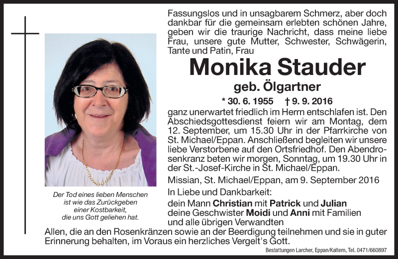  Traueranzeige für Monika Stauder vom 10.09.2016 aus Dolomiten