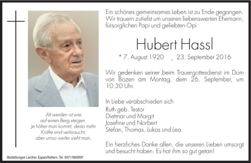  Traueranzeige für Hubert Hassl vom 24.09.2016 aus Dolomiten