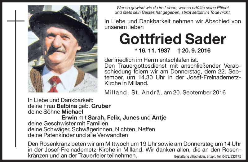  Traueranzeige für Gottfried Sader vom 21.09.2016 aus Dolomiten