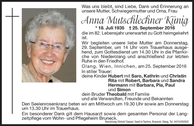  Traueranzeige für Anna Mutschlechner Künig vom 28.09.2016 aus Dolomiten
