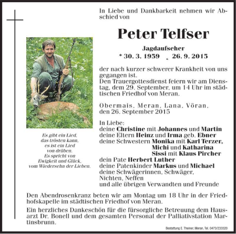  Traueranzeige für Peter Telfser vom 28.09.2015 aus Dolomiten